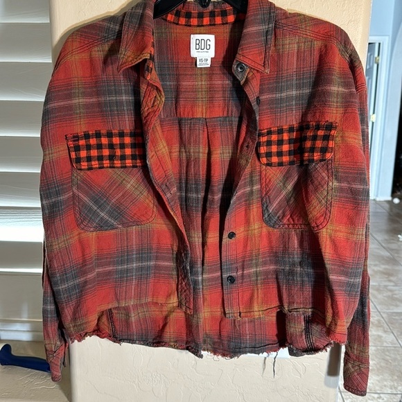 BDG Urban Outfitters Plaid Cropped Long Sleeve Blouse Orange Size XS - Picture 1 of 8